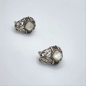Vintage signed Sterling silver marcasite mother of pearl fillagree earrings